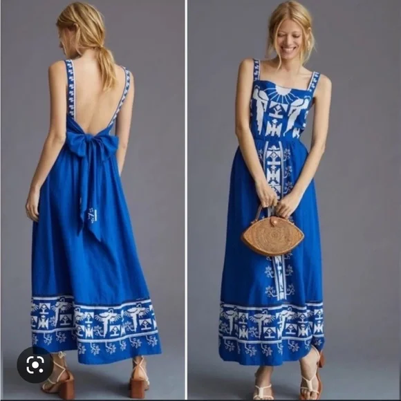 navy macaw embroidered maxi dress Navy Long Sleeve High Neck Floral Beaded A-line Mesh Gown main image 1